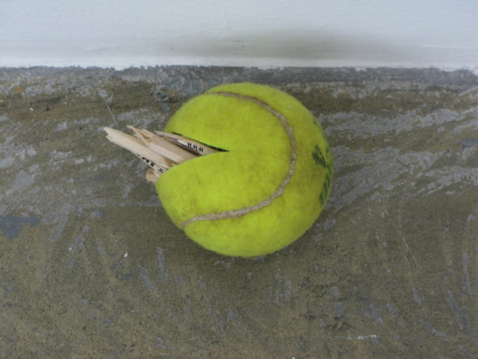 Claire Fontaine, Balls sculpture - Untitled (tennis ball sculpture) 2008 palle da tennis riempite con vari oggetti non visibili, dimensioni variaibli (2)